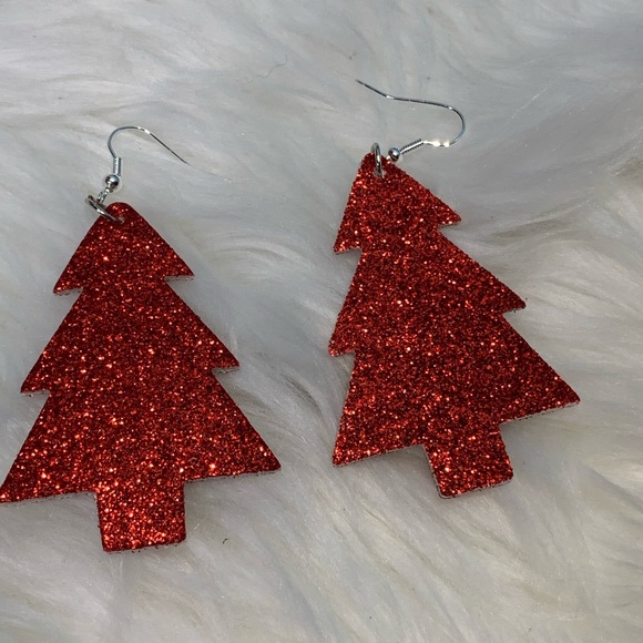 Jewelry - Red Christmas Tree Earrings Glitter